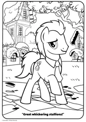 Size: 1280x1817 | Tagged: safe, derpibooru import, official, doctor whooves, time turner, earth pony, pony, slice of life (episode), black and white, coloring book, coloring page, crayola, dialogue, g4, grayscale, great whickering stallions, image, looking at you, male, monochrome, necktie, outdoors, png, ponyville, raised hoof, smiling, smiling at you, solo, stallion, text, tree