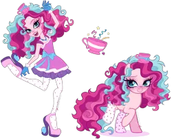 Size: 3955x3205 | Tagged: safe, artist:gihhbloonde, derpibooru import, pinkie pie, earth pony, human, pony, equestria girls, bowtie, closed mouth, clothes, crossover, crossover fusion, cyan eyes, dress, ever after high, female, gloves, high heels, image, jewelry, lightly watermarked, looking at you, madeline hatter, mare, necklace, open mouth, open smile, png, raised hoof, self paradox, self ponidox, shoes, simple background, smiling, socks, standing on two hooves, stockings, thigh highs, transparent background, watermark