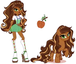 Size: 3472x2934 | Tagged: safe, artist:gihhbloonde, derpibooru import, applejack, doll pony, earth pony, human, original species, pony, equestria girls, bracelet, cedar wood, closed mouth, clothes, crossover, crossover fusion, doll, drugs, ever after high, eyeshadow, female, freckles, fusion, green eyes, hand on hip, high heels, image, jewelry, joint, lightly watermarked, long hair, long mane, long tail, looking at you, makeup, mare, marijuana, png, raised hoof, sandals, self paradox, self ponidox, shirt, shoes, shorts, simple background, skirt, smiling, socks, suspenders, tail, toy, transparent background, watermark, wood pony