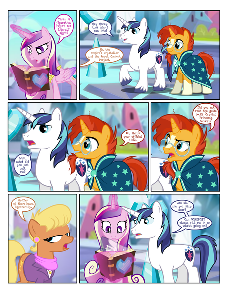 Size: 1600x2100 | Tagged: questionable, artist:flash equestria photography, derpibooru import, ms. harshwhinny, princess cadance, shining armor, sunburst, comic:yeaa, blank stare, book, confused, eyeroll, image, png