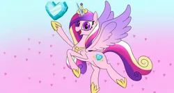 Size: 4026x2160 | Tagged: safe, artist:suryfromheaven, derpibooru import, princess cadance, alicorn, earth pony, pegasus, pony, unicorn, colored wings, flying, heart, heart eyes, hearts and hooves day, holiday, horn, image, jpeg, looking at you, multicolored hair, multicolored mane, multicolored wings, simple background, smiling, smiling at you, spread wings, valentine's day, wingding eyes, wings