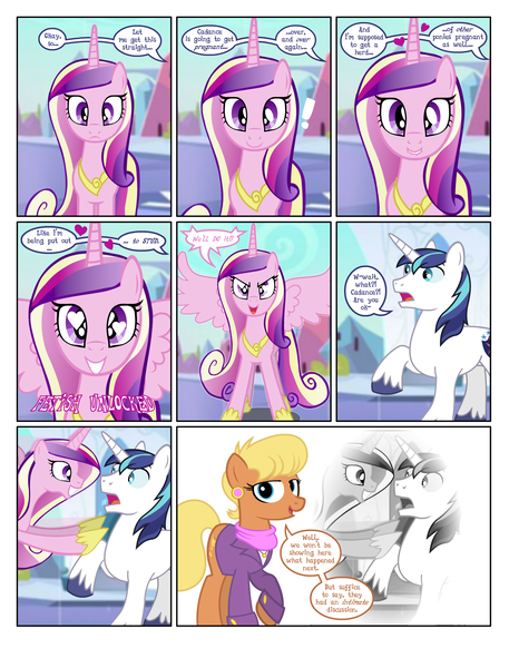 Size: 1600x2100 | Tagged: questionable, artist:flash equestria photography, derpibooru import, ms. harshwhinny, princess cadance, shining armor, comic:yeaa, fetish, horny, image, implied sex, png, spread wings, starry eyes, wingboner, wingding eyes, wings
