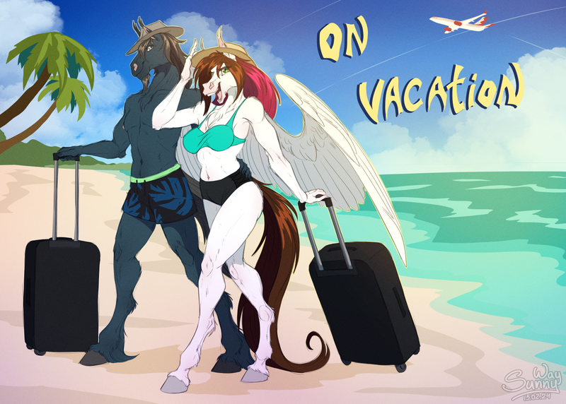 Size: 1600x1143 | Tagged: safe, artist:sunny way, derpibooru import, oc, oc:steven saidon, oc:sunny way, anthro, horse, pegasus, pony, anthro horse, art, artwork, beach, case, clothes, digital art, duo, female, happy, hat, image, male, mare, ocean, plane, png, smiling, stallion, suitcase, swimsuit, vacation, warm, water