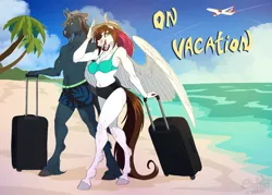 Size: 1600x1143 | Tagged: safe, artist:sunny way, derpibooru import, oc, oc:steven saidon, oc:sunny way, anthro, horse, pegasus, pony, anthro horse, art, artwork, beach, case, clothes, digital art, duo, female, happy, hat, image, male, mare, ocean, plane, png, smiling, stallion, suitcase, swimsuit, vacation, warm, water