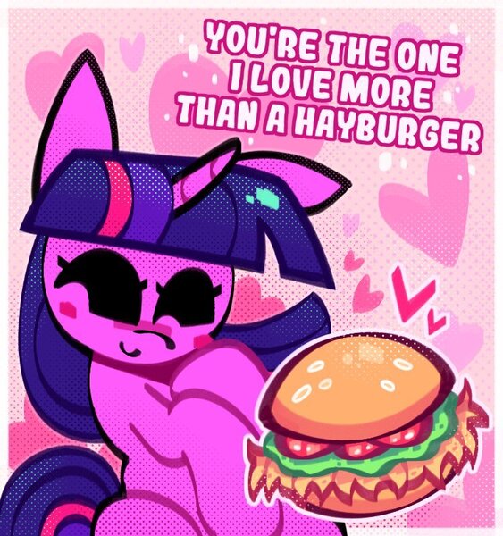 Size: 750x800 | Tagged: safe, artist:mihar34, derpibooru import, twilight sparkle, pony, unicorn, ^^, abstract background, blushing, burger, eyes closed, food, g4, hay burger, heart, hearts and hooves day, holiday, image, jpeg, one ear down, passepartout, smiling, solo, text, that pony sure does love burgers, valentine's day
