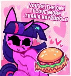 Size: 750x800 | Tagged: safe, artist:mihar34, derpibooru import, twilight sparkle, pony, unicorn, ^^, abstract background, blushing, burger, eyes closed, food, g4, hay burger, heart, hearts and hooves day, holiday, image, jpeg, one ear down, passepartout, smiling, solo, text, that pony sure does love burgers, valentine's day