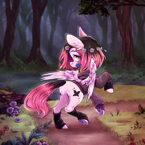Size: 1600x1600 | Tagged: safe, artist:arkay9, derpibooru import, oc, unofficial characters only, pegasus, pony, clothes, cottagecore, flower, flower in hair, flower in mouth, forest, hoodie, image, leg warmers, looking back, mouth hold, nature, png, rearing, solo, tree, two toned mane