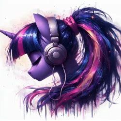 Size: 2048x2048 | Tagged: safe, ai content, derpibooru import, machine learning generated, prompter:enterusxrname, twilight sparkle, anthro, pony, bust, eyes closed, generator:bing image creator, generator:dall-e 3, headphones, image, jpeg, ponytail, scrunchie, side view, simple background, solo, white background