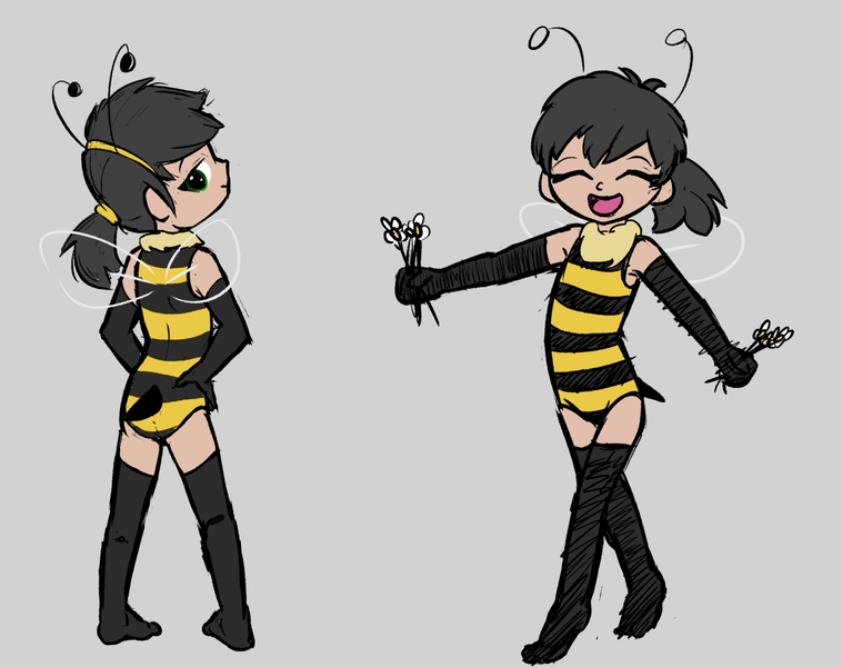 Size: 1450x1148 | Tagged: safe, artist:permpony, banned from derpibooru, ponerpics import, ponybooru import, oc, oc:anonfilly, unofficial characters only, human, animal costume, bedroom eyes, bee costume, clothes, costume, female, flower, gloves, humanized, image, leotard, lolicon, long gloves, long socks, png, smiling, solo, underage