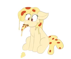 Size: 3000x2500 | Tagged: safe, artist:bazza, derpibooru import, oc, oc:mozzarella orgy, ponified, unofficial characters only, food pony, original species, pizza pony, pony, cheese, floppy ears, food, happy, image, looking at something, meat, mouth hold, pepperoni, pepperoni pizza, pizza, png, simple, simple background, sitting