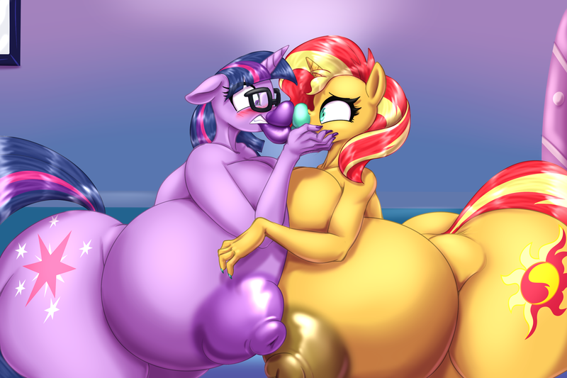 Size: 3000x2000 | Tagged: questionable, artist:blues64, artist:moonlitbrush, derpibooru import, sunset shimmer, twilight sparkle, anthro, unicorn, areola, big breasts, big lips, bimbo, bimbo shimmer, bimbo sparkle, blushing, breasts, butt, curvy, eye contact, female, glasses, gritted teeth, hourglass figure, huge breasts, huge butt, image, impossibly large breasts, impossibly large butt, impossibly large lips, kissing, large butt, lesbian, lipstick, looking at each other, looking at someone, nail polish, nipples, nudity, png, puffy areolas, puffy nipples, shipping, sunsetsparkle, surprised face, teeth