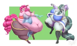 Size: 2700x1600 | Tagged: suggestive, artist:blues64, artist:cheekipeach, derpibooru import, marble pie, pinkie pie, anthro, earth pony, unguligrade anthro, bbw, belly, belly button, belly dancer outfit, big belly, big breasts, breasts, busty marble pie, busty pinkie pie, cleavage, clothes, duo, fat, fat fetish, female, fetish, huge belly, huge breasts, image, impossibly large belly, marble pudge, morbidly obese, obese, open mouth, open smile, pantyhose, passepartout, piggy pie, png, pudgy pie, siblings, sisters, smiling, ssbbw, thighs, thunder thighs, wide hips