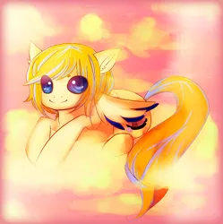 Size: 648x650 | Tagged: safe, artist:churro-dragon, derpibooru import, oc, oc:bubblebell, unofficial characters only, pegasus, pony, cloud, colored wings, image, on a cloud, png, solo, two toned wings, wings