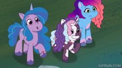 Size: 600x338 | Tagged: safe, derpibooru import, screencap, izzy moonbow, violette rainbow, pony, unicorn, g5, my little pony: tell your tale, spoiler:g5, spoiler:my little pony: tell your tale, spoiler:tyts02e06, :o, animated, female, filly, foal, gif, image, jewelry, mare, misty brightdawn, necklace, open mouth, rebirth misty, swirlpool starlight, trio