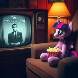 Size: 1024x1024 | Tagged: safe, ai content, derpibooru import, machine learning generated, prompter:pawels, twilight sparkle, alicorn, pony, chair, female, food, generator:bing image creator, generator:dall-e 3, image, jpeg, lamp, mare, plushie, popcorn, sitting, television, the twilight zone, watching tv, wrong cutie mark