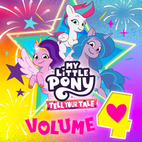 Size: 3000x3000 | Tagged: safe, derpibooru import, official, izzy moonbow, pipp petals, zipp storm, pegasus, pony, unicorn, g5, my little pony: tell your tale, abstract background, album cover, female, fireworks, heart, image, jpeg, mare, my little pony logo, stars, text