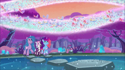 Size: 1920x1080 | Tagged: safe, derpibooru import, screencap, izzy moonbow, violette rainbow, breezie, pony, unicorn, g5, spoiler:tyts02e06, animated, crystal, female, filly, foal, forest, image, magic, mare, misty brightdawn, nature, swirlpool starlight, tree, webm