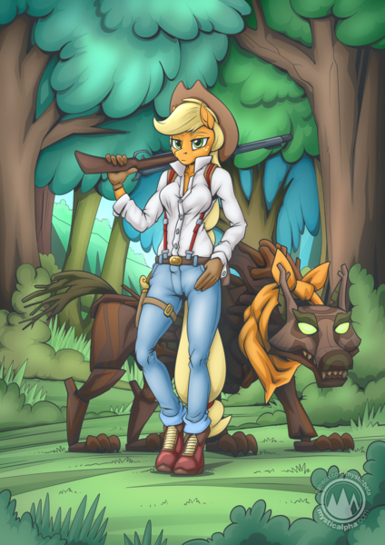 Size: 2171x3070 | Tagged: safe, artist:mysticalpha, derpibooru import, applejack, anthro, timber wolf, unguligrade anthro, clothes, gun, image, pants, png, rifle, solo, suspenders, weapon
