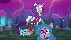 Size: 3300x1856 | Tagged: safe, derpibooru import, screencap, izzy moonbow, violette rainbow, g5, my little pony: tell your tale, spoiler:g5, spoiler:my little pony: tell your tale, spoiler:tyts02e06, image, misty brightdawn, png, swirlpool starlight