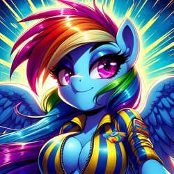 Size: 1024x1024 | Tagged: safe, ai content, derpibooru import, machine learning generated, prompter:glimmy-glam, rainbow dash, anthro, absolute cleavage, breasts, cleavage, clothes, generator:dall-e 3, image, jacket, jpeg, looking at you, rolled up sleeves, simple background, smug, solo, unzipped, wonderbolts, zipper