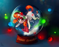 Size: 2233x1790 | Tagged: safe, artist:charlot, derpibooru import, oc, unofficial characters only, pony, unicorn, christmas, female, happy new year, hat, holiday, image, jpeg, mare, santa hat, snow globe, solo