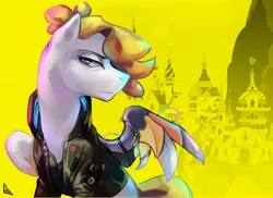 Size: 3507x2560 | Tagged: safe, artist:charlot, derpibooru import, oc, unofficial characters only, cyborg, pegasus, pony, amputee, artificial wings, augmented, canterlot, clothes, cyberpunk, cyberpunk 2077, image, jacket, jpeg, male, prosthetic limb, prosthetic wing, prosthetics, solo, stallion, wings