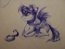 Size: 2156x1634 | Tagged: safe, artist:charlot, derpibooru import, oc, unofficial characters only, pegasus, pony, female, image, jpeg, lying down, mare, ponytail, prone, sketch, solo, spread wings, traditional art, wings