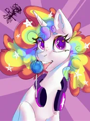 Size: 2680x3607 | Tagged: safe, artist:charlot, derpibooru import, oc, unofficial characters only, pony, unicorn, abstract background, candy, female, food, freckles, headphones, image, jpeg, licking, lollipop, mare, solo, starry eyes, tongue out, wingding eyes