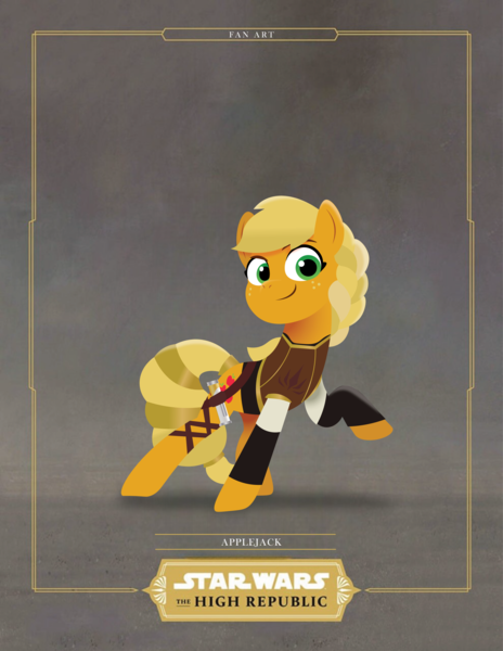 Size: 2552x3300 | Tagged: safe, artist:prixy05, derpibooru import, applejack, earth pony, pony, female, gray background, image, jedi, lightsaber, lineless, mare, png, simple background, solo, star wars, star wars: the high republic, weapon