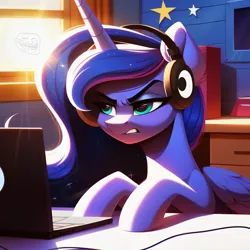 Size: 2048x2048 | Tagged: safe, ai content, derpibooru import, machine learning generated, stable diffusion, princess luna, alicorn, pony, angry, annoyed, computer, desk, ear fluff, female, frown, g4, generator:pony diffusion v6 xl, headphones, high res, hooves on the table, image, implied trollestia, indoors, laptop computer, mare, meme, png, prompter:tyto4tme4l, solo, sun, sunlight, trollface, window