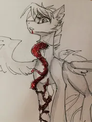 Size: 1620x2160 | Tagged: grimdark, artist:charlot, derpibooru import, oc, unofficial characters only, pegasus, pony, body horror, image, jpeg, male, slit throat, solo, stallion, traditional art