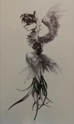 Size: 1258x2091 | Tagged: semi-grimdark, artist:charlot, derpibooru import, oc, unofficial characters only, pegasus, pony, body horror, grayscale, image, jpeg, monochrome, multiple wings, simple background, solo, traditional art, white background, wings