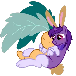 Size: 5000x5000 | Tagged: safe, artist:wtfponytime, derpibooru import, oc, oc:purple mist, unofficial characters only, pony, unicorn, animal costume, blushing, bowtie, bunny costume, bunny ears, bunny tail, clothes, costume, cuddling, cuffs (clothes), image, looking away, male, plushie, png, shy, simple background, socks, solo, stallion, tail, transparent background