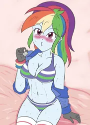 Size: 2100x2900 | Tagged: suggestive, artist:sumin6301, derpibooru import, rainbow dash, human, equestria girls, black gloves, blushing, blushing profusely, body, boots, bra, breasts, clothes, condom, eyebrows, eyebrows visible through hair, female, g4, gloves, hat, horny, image, jacket, jpeg, kissing, legs together, looking at you, panties, panty shot, pink background, removing jacket, shoes, simple background, smiling, socks, solo, solo female, spreading, striped bra, striped panties, striped underwear, underwear, white socks, wristband