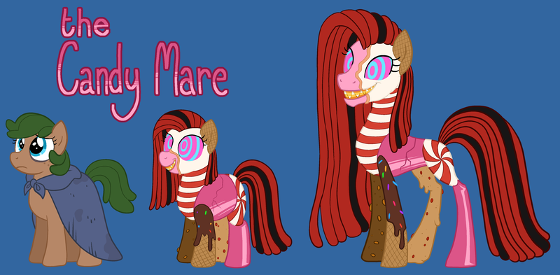 Size: 3508x1724 | Tagged: safe, artist:queertrixie, derpibooru import, oc, oc:candymare, ponified, unofficial characters only, candy pony, earth pony, food pony, original species, pony, blue background, cloak, clothes, creepypasta, derpibooru exclusive, food, g4, image, png, simple background, something sweet to bite