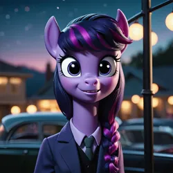 Size: 1024x1024 | Tagged: safe, ai content, derpibooru import, machine learning generated, prompter:gencraft, twilight sparkle, human, pony, clothes, humanized, image, jpeg, rod serling, the twilight zone