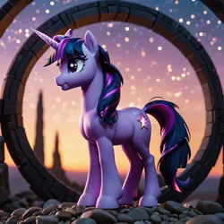 Size: 1024x1024 | Tagged: safe, ai content, derpibooru import, machine learning generated, prompter:gencraft, twilight sparkle, pony, unicorn, female, g4, image, jpeg, mare, smiling, solo, stargate, unicorn twilight, wrong cutie mark