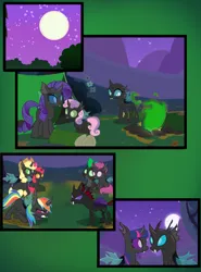 Size: 1772x2396 | Tagged: safe, artist:arkogon, derpibooru import, apple bloom, applejack, ocellus, phyllis, rainbow dash, rarity, scootaloo, spike, sweetie belle, thorax, twilight sparkle, changeling, a canterlot wedding, alternate ending, apple sisters, belle sisters, campfire, camping, changeling dragon, changelingified, comic, female, gritted teeth, image, jpeg, looking at each other, looking at someone, male, moon, night, shipping, siblings, sisters, smiling, smiling at each other, species swap, starry night, story included, straight, teeth, tent, training, twirax