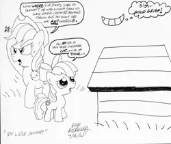 Size: 894x753 | Tagged: safe, artist:newportmuse, derpibooru import, apple bloom, applejack, earth pony, pony, apple sisters, doghouse, female, filly, foal, image, jpeg, mare, siblings, sisters, snoopy, speech bubble, text, traditional art