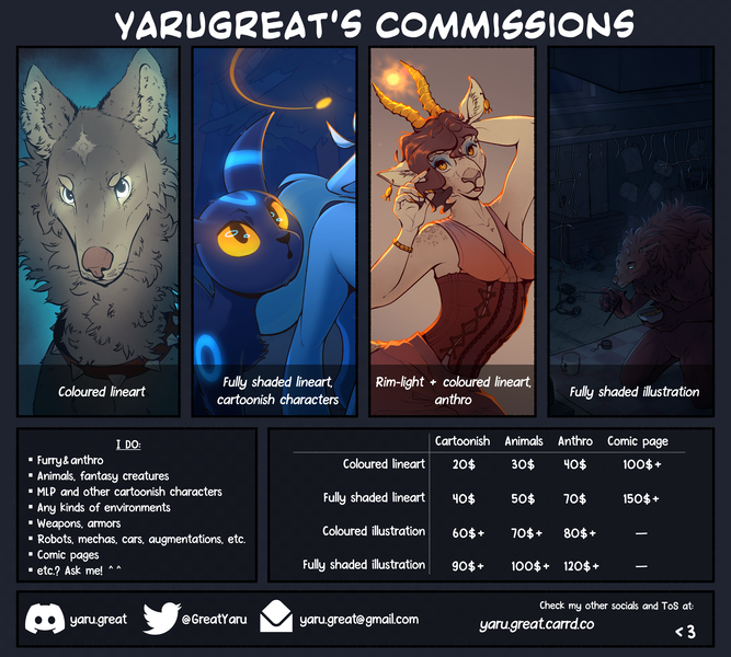 Size: 3500x3150 | Tagged: safe, artist:yarugreat, derpibooru import, trixie, oc, anthro, gazelle, umbreon, werewolf, wolf, advertisement, bust, commission, commission info, commission open, complex background, description is relevant, duo, full body, image, lineart, png, pokémon, portrait, price list, price sheet, prices, solo, text