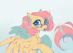 Size: 1700x1248 | Tagged: safe, artist:mirtash, derpibooru import, fluttershy, pegasus, pony, alternate hairstyle, chest fluff, cute, ear fluff, fangs, female, g4, glasses, gradient background, hooves in air, image, jpeg, mare, raised hoof, shyabetes, spread wings, wing fluff, wingding eyes, wings