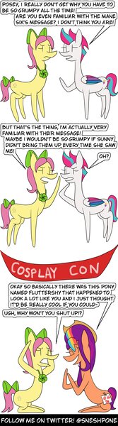 Size: 1000x3600 | Tagged: safe, artist:sneshpone, derpibooru import, posey (g5), sunny starscout, zipp storm, g5, clothes, convention, cosplay, costume, image, implied applejack, implied fluttershy, jpeg, mane stripe sunny