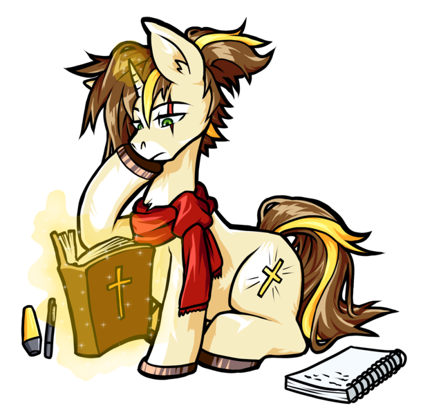 Size: 2088x2046 | Tagged: safe, artist:kizupoko, derpibooru import, oc, unofficial characters only, unicorn, bible, christianity, clothes, commission, image, magic, png, scarf, simple background, transparent background