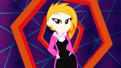 Size: 1280x720 | Tagged: safe, artist:robertsonskywa1, derpibooru import, equestria girls, g5, my little pony: tell your tale, bodysuit, clothes, coat, equestria girls-ified, female, flare (g5), g4, g5 to equestria girls, g5 to g4, generation leap, hand on hip, image, jacket, marvel, photo, pink coat, png, scene interpretation, solo, solo female, spider-gwen, spider-man, spider-man: across the spider-verse, suit