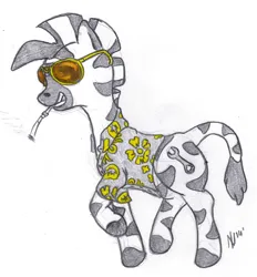 Size: 557x600 | Tagged: safe, artist:dombrus, derpibooru import, oc, unofficial characters only, zebra, cigarette, clothes, cutie mark, glasses, image, jpeg, raised hoof, shirt, simple background, solo, traditional art, zebra oc