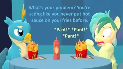 Size: 1920x1080 | Tagged: safe, artist:red4567, derpibooru import, gallus, sandbar, 3d, eating, food, french fries, hot sauce, image, panting, png, red face, source filmmaker, spicy, table