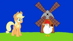 Size: 1079x600 | Tagged: safe, screencap, applejack, bird, chicken, earth pony, pony, series:chicken chasing, series:mlp animation's short films, duo, fork, image, jpeg, scared, windmill