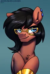 Size: 2000x3000 | Tagged: safe, artist:jedayskayvoker, derpibooru import, oc, oc:benjamin terrance tover, earth pony, pony, bedroom eyes, bust, chest fluff, colored hooves, cute, ear fluff, ear piercing, earth pony oc, glasses, gold hooves, gradient background, hooves, icon, image, looking at you, male, patreon, patreon reward, piercing, png, portrait, solo, stallion