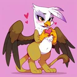 Size: 4096x4096 | Tagged: safe, ai content, derpibooru import, machine learning generated, stable diffusion, gilda, gryphon, semi-anthro, series:ask white belly gilda, belly, belly button, bipedal, blushing, cute, female, g4, generator:pony diffusion v6 xl, generator:purplesmart.ai, gildadorable, heart, hearts and hooves day, image, jpeg, pale belly, pink background, plump, prompter:rupert, simple background, smiling, solo, white belly, wings