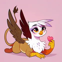 Size: 4096x4096 | Tagged: safe, ai content, derpibooru import, machine learning generated, stable diffusion, gilda, gryphon, series:ask white belly gilda, belly, belly button, blushing, cute, female, g4, generator:pony diffusion v6 xl, generator:purplesmart.ai, gildadorable, heart, hearts and hooves day, image, jpeg, lying down, pale belly, pink background, plump, prompter:rupert, prone, simple background, smiling, solo, white belly, wings